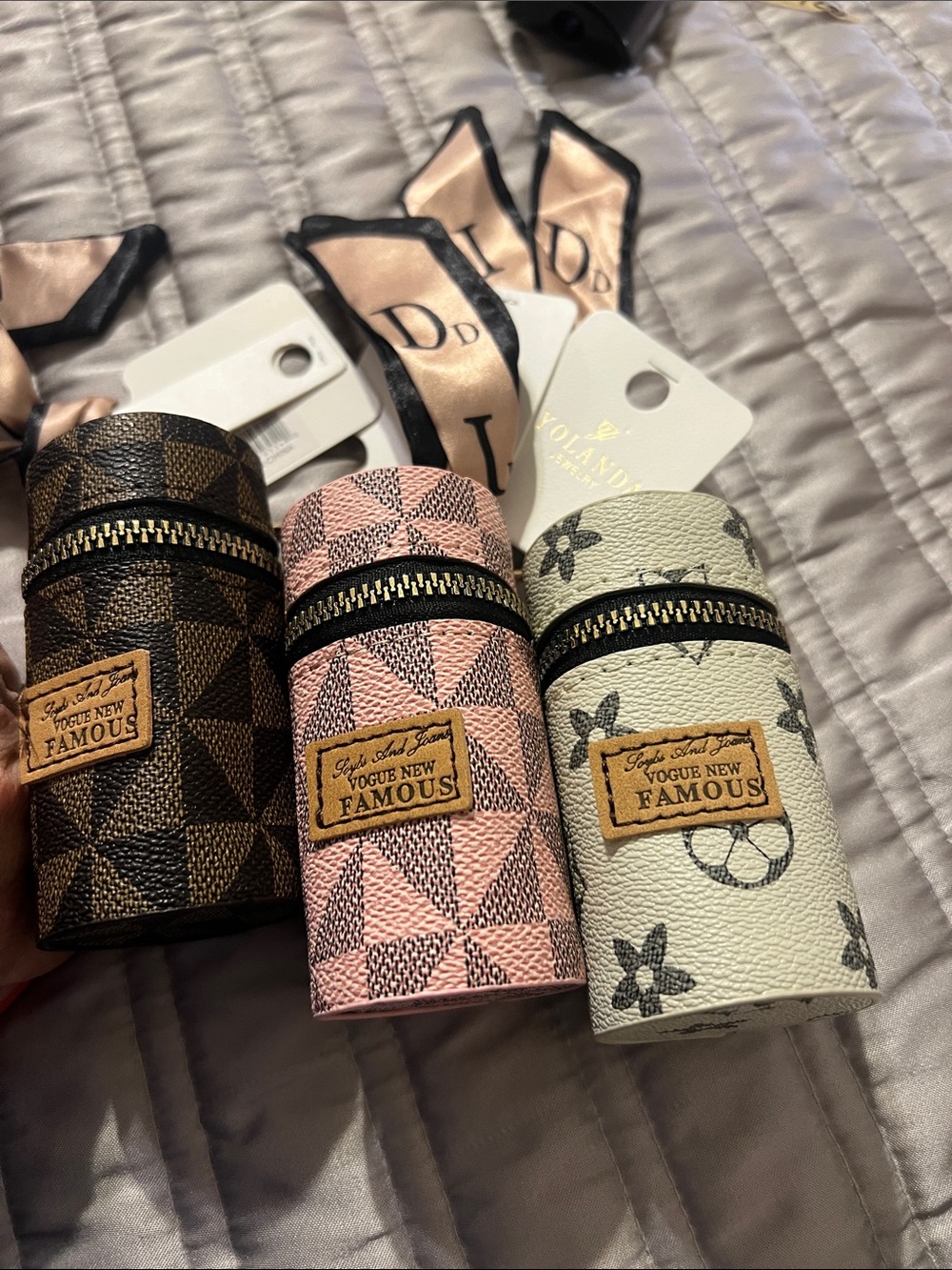 Set of 3 Patterned Cylindrical Lipstick/Accessory Cases - Brown, Pink, Cream